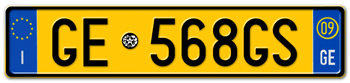 ITALY - PROVINCE OF GENOA (GE) EURO (EEC) REAR LICENSE  PLATE  WITH REGISTRATION DATE 09. PERFECT FOR YOUR FIAT, LAMBORGHINI, BUGATTI, OR ALFA ROMEO -- 