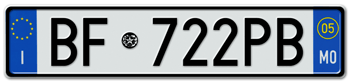 ITALY - PROVINCE OF MODENA (MO) EURO (EEC) REAR LICENSE  PLATE  WITH REGISTRATION DATE 05. PERFECT FOR YOUR FIAT, LAMBORGHINI, BUGATTI, OR ALFA ROMEO -- EMBOSSED WITH YOUR CUSTOM NUMBER