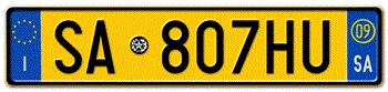 ITALY - PROVINCE OF SALERNO (SA) EURO (EEC) REAR LICENSE  PLATE  WITH REGISTRATION DATE 09. PERFECT FOR YOUR FIAT, LAMBORGHINI, BUGATTI, OR ALFA ROMEO -- 