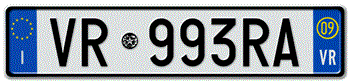 ITALY - PROVINCE OF VERONA (VR) EURO (EEC) REAR LICENSE PLATE WITH REGISTRATION DATE 09. PERFECT FOR YOUR FIAT, LAMBORGHINI, BUGATTI, OR ALFA ROMEO -- 