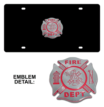 FIRE DEPT RED CHROME EMBLEM 3D BLACK LICENSE PLATE