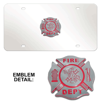 FIRE DEPT RED CHROME EMBLEM 3D MIRROR LICENSE PLATE