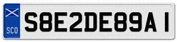 SCOTLAND EURO 11 CHARACTER FRONT LICENSE PLATE -- EMBOSSED WITH YOUR CUSTOM NUMBER