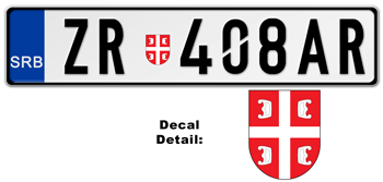SERBIA NEW EURO LICENSE  PLATE WITH SERBIA SHIELD -- EMBOSSED WITH YOUR CUSTOM NUMBER