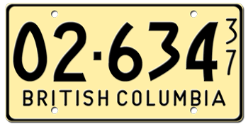1937 BRITISH COLUMBIA LICENSE PLATE - EMBOSSED WITH YOUR CUSTOM NUMBER