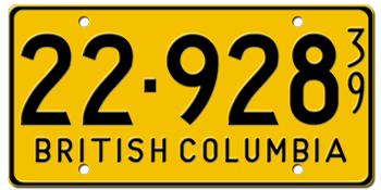 1939 BRITISH COLUMBIA LICENSE PLATE - EMBOSSED WITH YOUR CUSTOM NUMBER