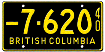 1940 BRITISH COLUMBIA LICENSE PLATE - 