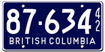 1942 BRITISH COLUMBIA LICENSE PLATE - EMBOSSED WITH YOUR CUSTOM NUMBER