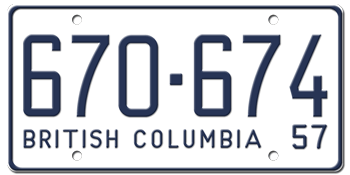 1957 BRITISH COLUMBIA LICENSE PLATE - EMBOSSED WITH YOUR CUSTOM NUMBER