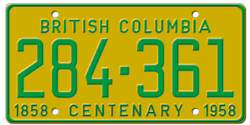 1958 BRITISH COLUMBIA LICENSE PLATE - EMBOSSED WITH YOUR CUSTOM NUMBER