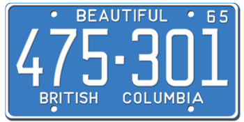 1965 BRITISH COLUMBIA LICENSE PLATE - EMBOSSED WITH YOUR CUSTOM NUMBER
