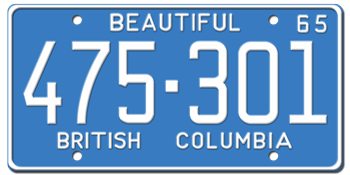 1965 BRITISH COLUMBIA LICENSE PLATE - 