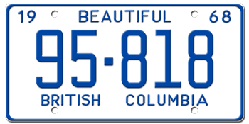 1968 BRITISH COLUMBIA LICENSE PLATE - EMBOSSED WITH YOUR CUSTOM NUMBER