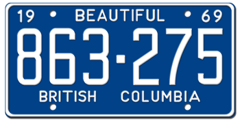 1969 BRITISH COLUMBIA LICENSE PLATE - EMBOSSED WITH YOUR CUSTOM NUMBER