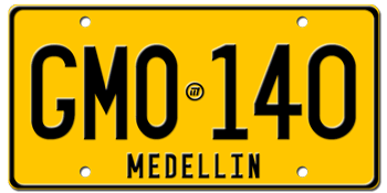 COLOMBIA (MEDELLIN) LICENSE PLATE -EMBOSSED WITH YOUR CUSTOM NUMBER