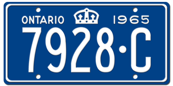 1965 ONTARIO LICENSE PLATE - 