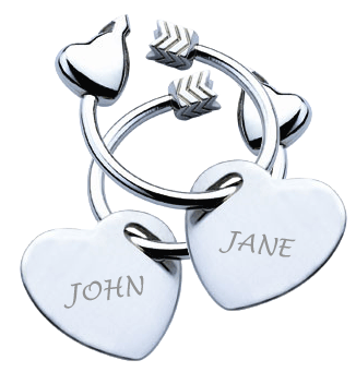 AUTOMODA METAL HEART SHAPED KEY HOLDER FINISHED IN NICKEL WITH CUSTOM DIAMOND ENGRAVED INITIALS OR NAME ON BOTH SIDES