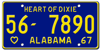 1967 ALABAMA STATE LICENSE PLATE - EMBOSSED WITH YOUR CUSTOM NUMBER