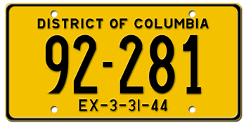 1944 DISTRICT OF COLUMBIA STATE LICENSE PLATE--EMBOSSED WITH YOUR CUSTOM NUMBER