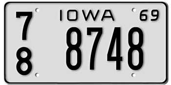1969 IOWA STATE LICENSE PLATE--EMBOSSED WITH YOUR CUSTOM NUMBER