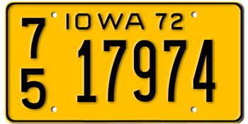 1972 IOWA STATE LICENSE PLATE--EMBOSSED WITH YOUR CUSTOM NUMBER - This plate was also used in 1973 and 1974