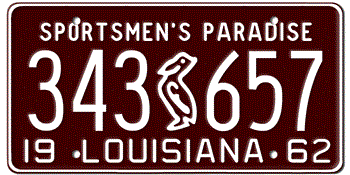 1962 LOUISIANA STATE LICENSE PLATE--EMBOSSED WITH YOUR CUSTOM NUMBER