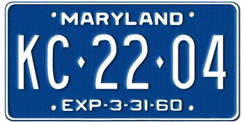 1960 MARYLAND STATE LICENSE PLATE--
