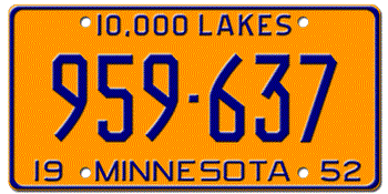 1952 MINNESOTA STATE LICENSE PLATE--EMBOSSED WITH YOUR CUSTOM NUMBER
