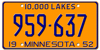 1952 MINNESOTA STATE LICENSE PLATE--