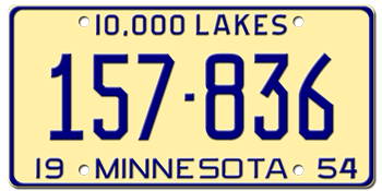 1954 MINNESOTA STATE LICENSE PLATE--EMBOSSED WITH YOUR CUSTOM NUMBER