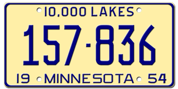 1954 MINNESOTA STATE LICENSE PLATE--