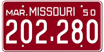 1950 MISSOURI STATE LICENSE PLATE--EMBOSSED WITH YOUR CUSTOM NUMBER