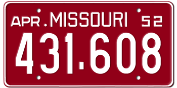 1952 MISSOURI STATE LICENSE PLATE--EMBOSSED WITH YOUR CUSTOM NUMBER