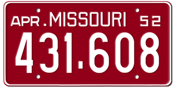 1952 MISSOURI STATE LICENSE PLATE--