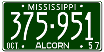 1957 MISSISSIPPI STATE LICENSE PLATE--EMBOSSED WITH YOUR CUSTOM NUMBER