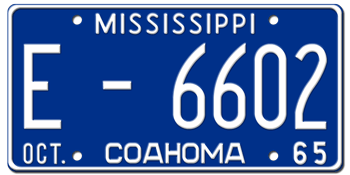 1965 MISSISSIPPI STATE LICENSE PLATE--EMBOSSED WITH YOUR CUSTOM NUMBER