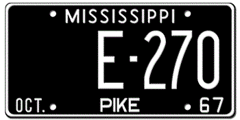 1967 MISSISSIPPI STATE LICENSE PLATE--EMBOSSED WITH YOUR CUSTOM NUMBER