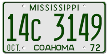 1972 MISSISSIPPI STATE LICENSE PLATE--