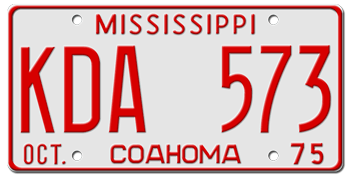 1975 MISSISSIPPI STATE LICENSE PLATE--EMBOSSED WITH YOUR CUSTOM NUMBER
