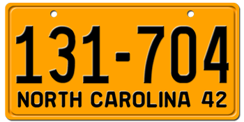 1942 NORTH CAROLINA STATE LICENSE PLATE - EMBOSSED WITH YOUR CUSTOM NUMBER
