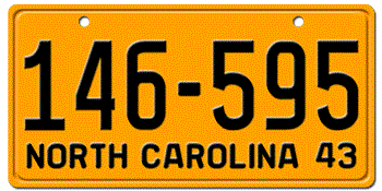 1943 NORTH CAROLINA STATE LICENSE PLATE - EMBOSSED WITH YOUR CUSTOM NUMBER