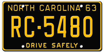 1963 NORTH CAROLINA STATE LICENSE PLATE--EMBOSSED WITH YOUR CUSTOM NUMBER