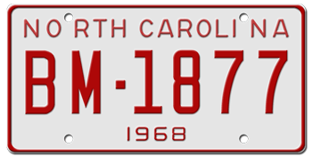 1968 NORTH CAROLINA STATE LICENSE PLATE--