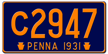 1931 PENNSYLVANIA STATE LICENSE PLATE--EMBOSSED WITH YOUR CUSTOM NUMBER