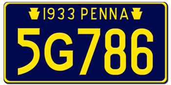 1933 PENNSYLVANIA STATE LICENSE PLATE - EMBOSSED WITH YOUR CUSTOM NUMBER