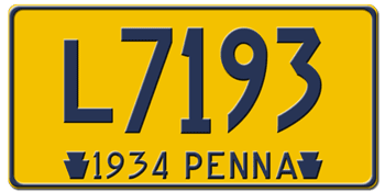 1934 PENNSYLVANIA STATE LICENSE PLATE--EMBOSSED WITH YOUR CUSTOM NUMBER