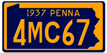 1937 PENNSYLVANIA STATE LICENSE PLATE--EMBOSSED WITH YOUR CUSTOM NUMBER