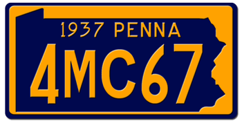 1937 PENNSYLVANIA STATE LICENSE PLATE--