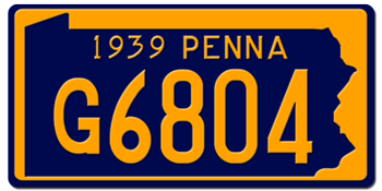 1939 PENNSYLVANIA STATE LICENSE PLATE--EMBOSSED WITH YOUR CUSTOM NUMBER
