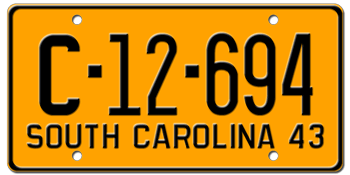 1943 SOUTH CAROLINA STATE LICENSE PLATE--EMBOSSED WITH YOUR CUSTOM NUMBER
